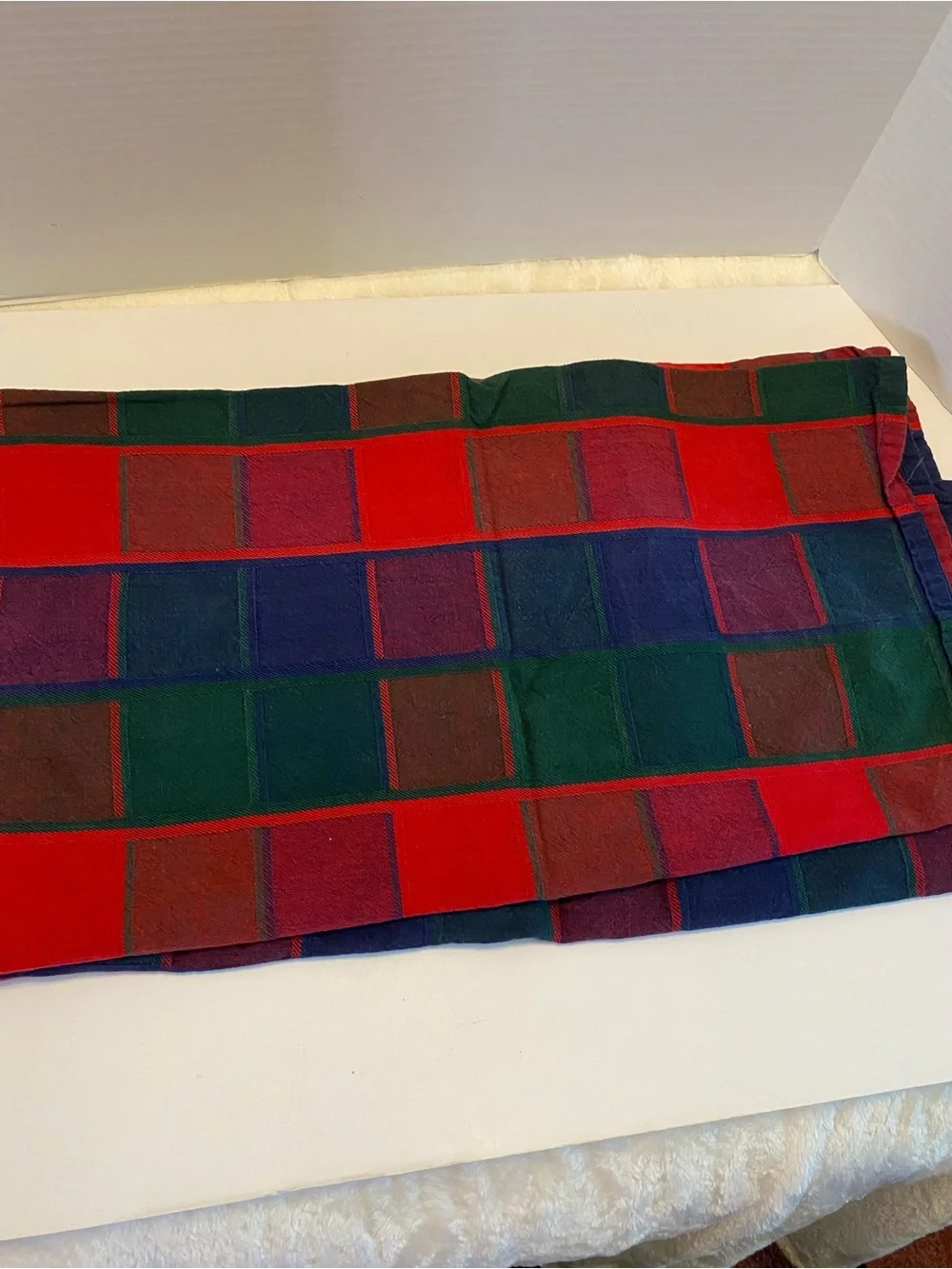 Vintage Tablecloth Bold Checkerboard Plaid 48” X 48’ Square Red Green Blue